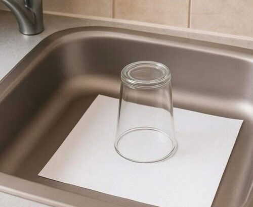 Leaving an upturned glass with a piece of paper in the sink before vacation prevents odors and bacteria buildup, allows airflow, and keeps the sink dry. It’s a simple, hygienic trick to maintain a fresh, clean kitchen while away.